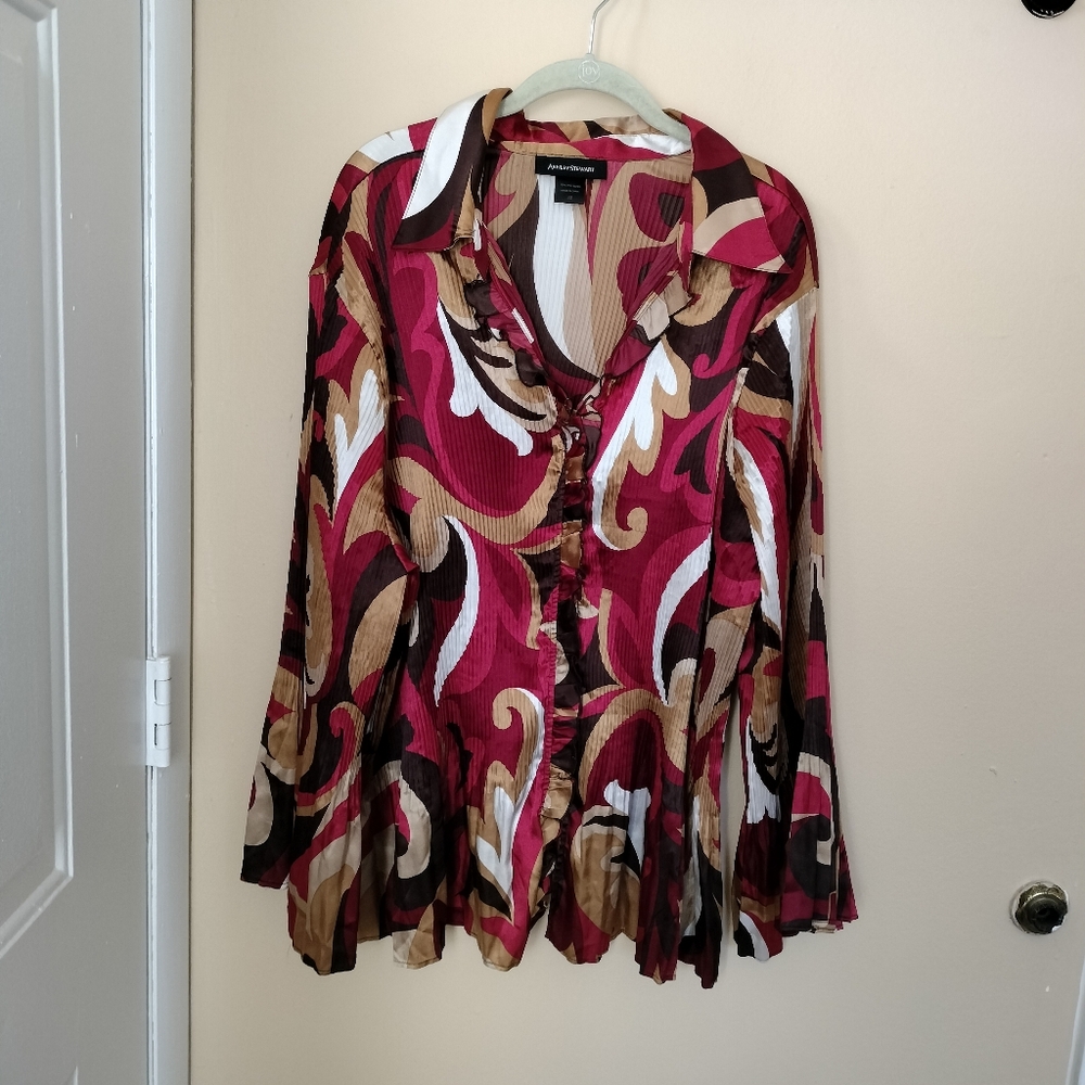 Ashley Stewart Button-Up pleated bell Sleeves Blouse 22 office work
